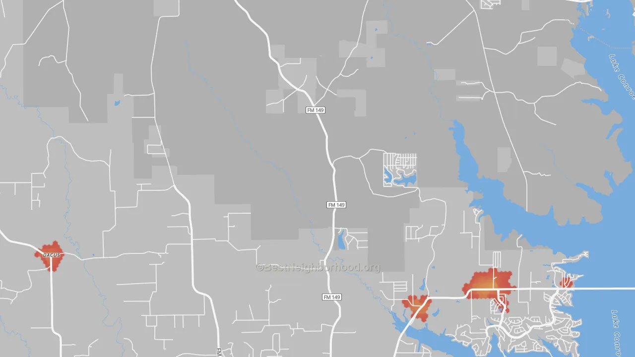 Walk Grade map of Honea, TX, walkable areas in green and car-dependent areas in red
