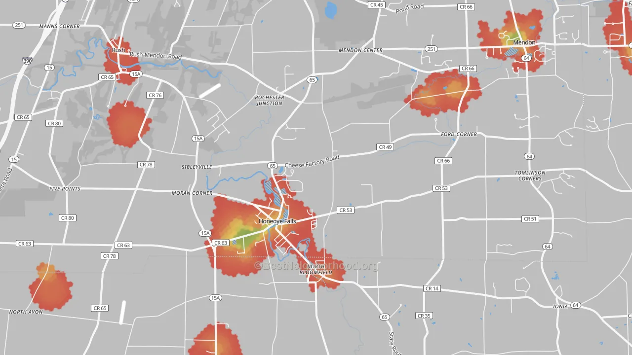 Walk Grade map of Honeoye Falls, NY, walkable areas in green and car-dependent areas in red