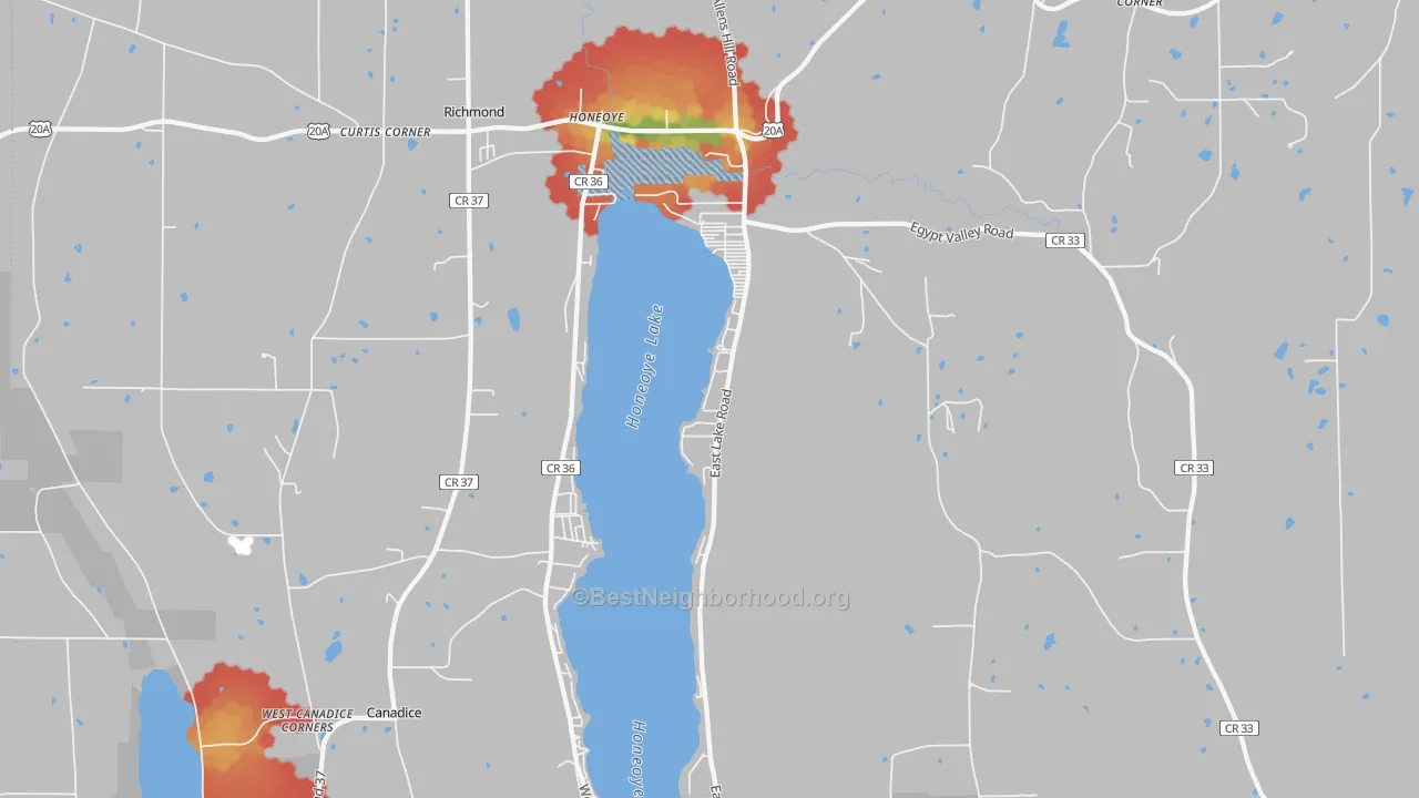 Walk Grade map of Honeoye, NY, walkable areas in green and car-dependent areas in red
