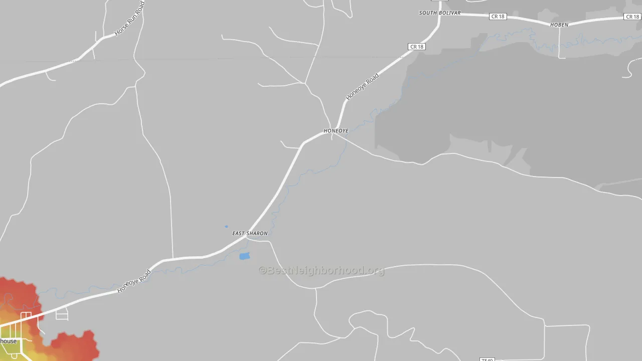 Walk Grade map of Honeoye, PA, walkable areas in green and car-dependent areas in red