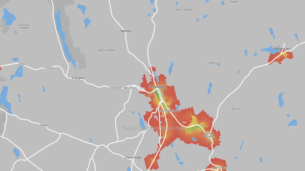 Walk Grade map of Honesdale, PA, walkable areas in green and car-dependent areas in red