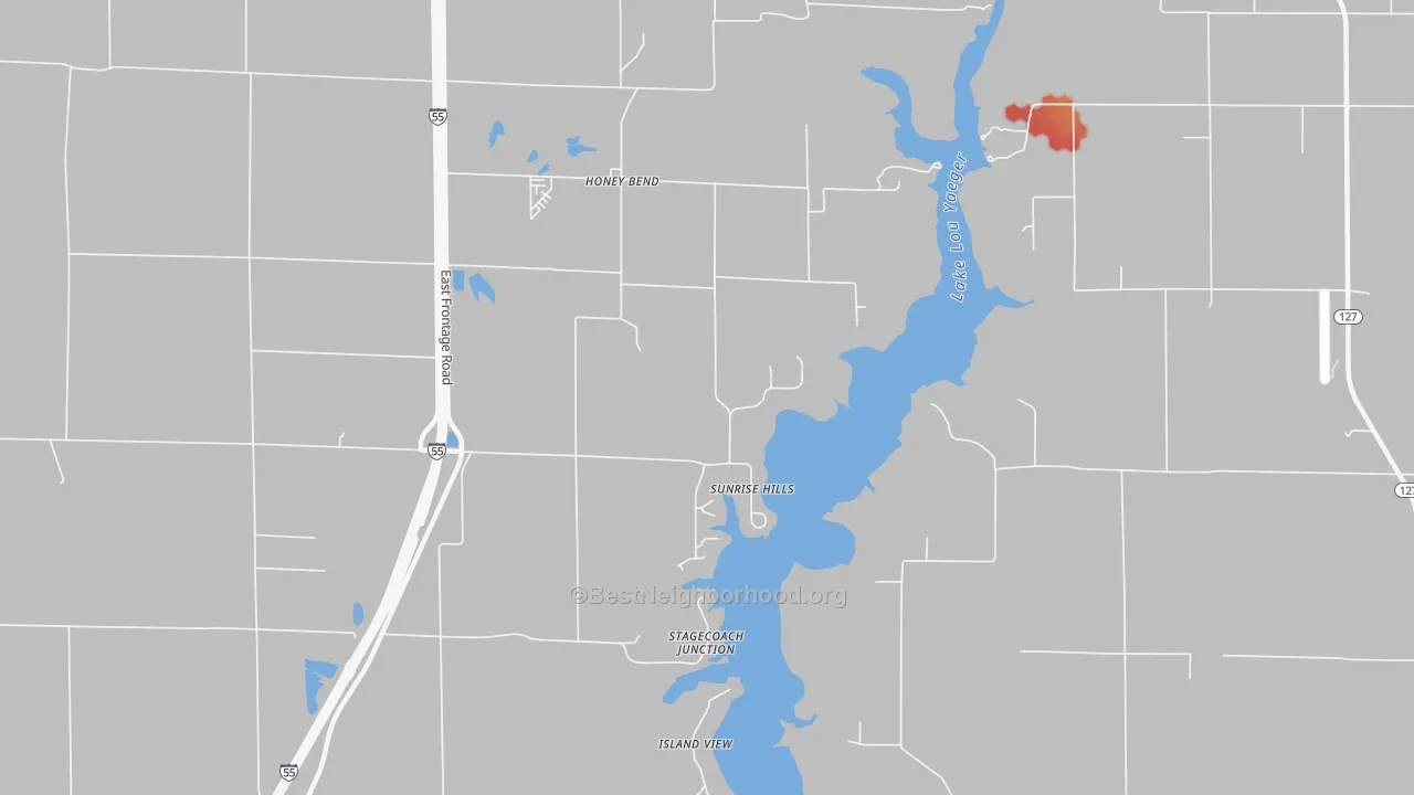 Walk Grade map of Honey Bend, IL, walkable areas in green and car-dependent areas in red