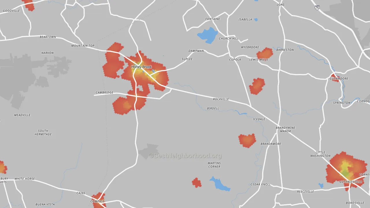 Walk Grade map of Honey Brook, PA, walkable areas in green and car-dependent areas in red