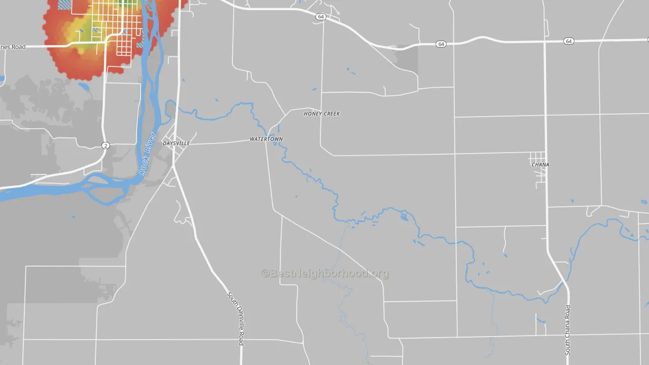 Walk Grade map of Honey Creek, IL, walkable areas in green and car-dependent areas in red