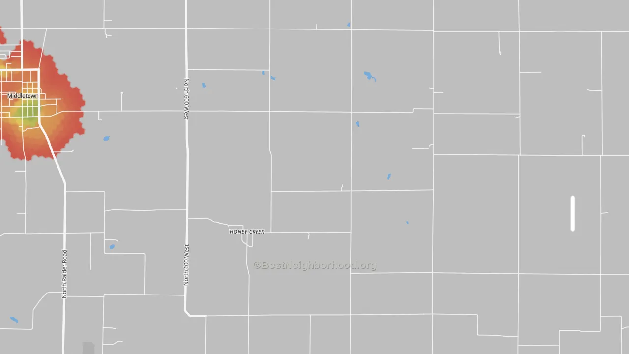 Walk Grade map of Honey Creek, IN, walkable areas in green and car-dependent areas in red