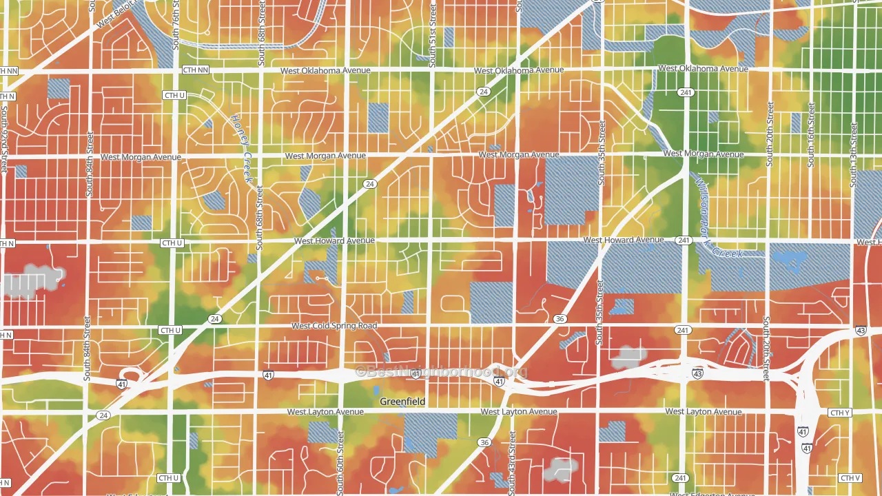 Walk Grade map of Honey Creek Manor, Milwaukee, WI, walkable areas in green and car-dependent areas in red