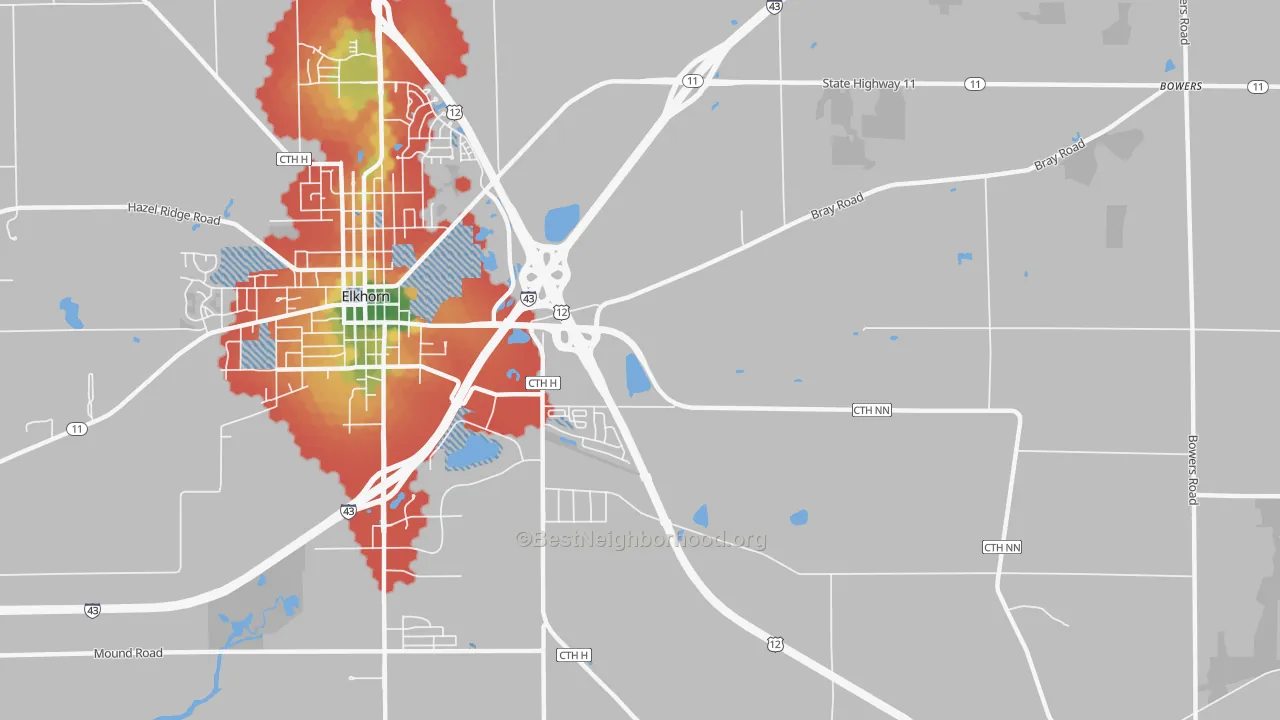 Walk Grade map of Honey Creek, WI, walkable areas in green and car-dependent areas in red