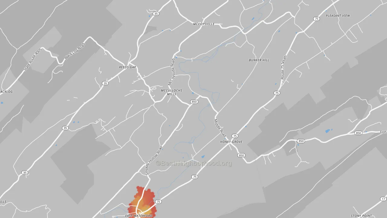 Walk Grade map of Honey Grove, PA, walkable areas in green and car-dependent areas in red