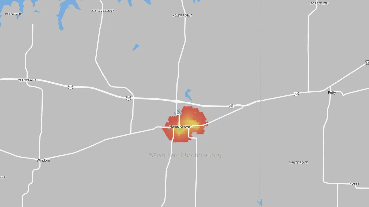 Walk Grade map of Honey Grove, TX, walkable areas in green and car-dependent areas in red