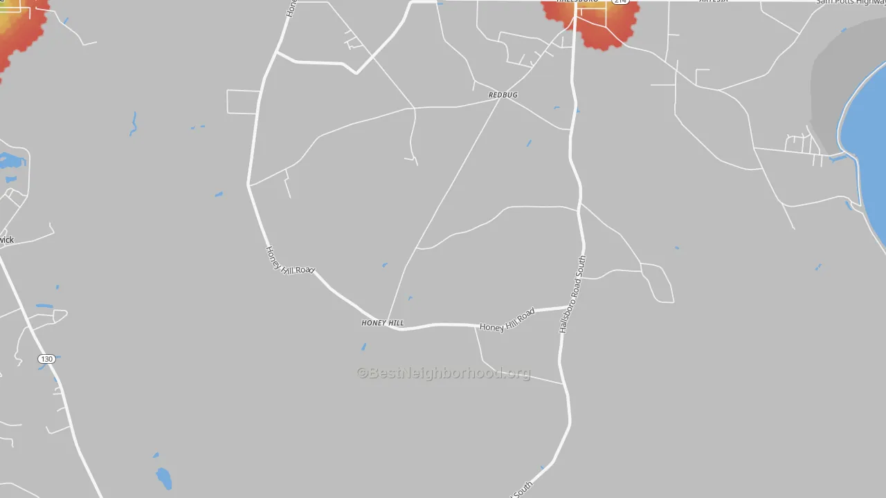 Walk Grade map of Honey Hill, NC, walkable areas in green and car-dependent areas in red