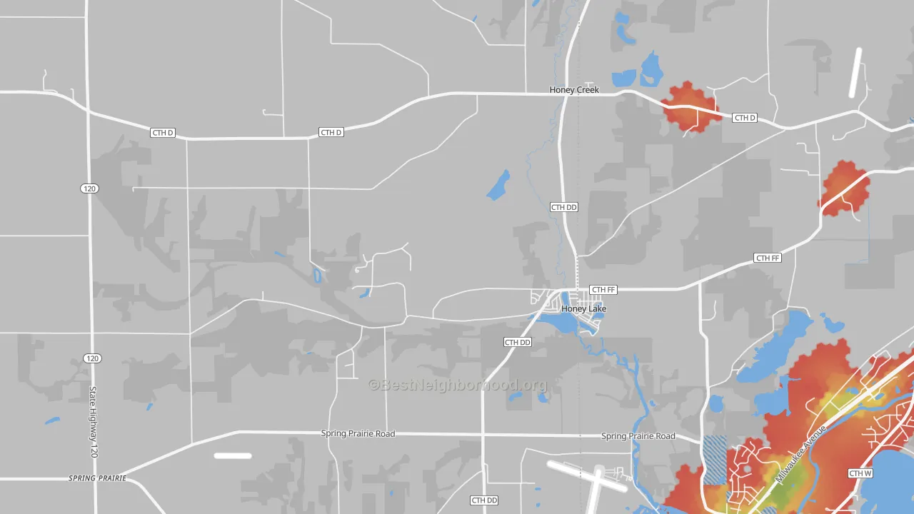 Walk Grade map of Honey Lake, WI, walkable areas in green and car-dependent areas in red
