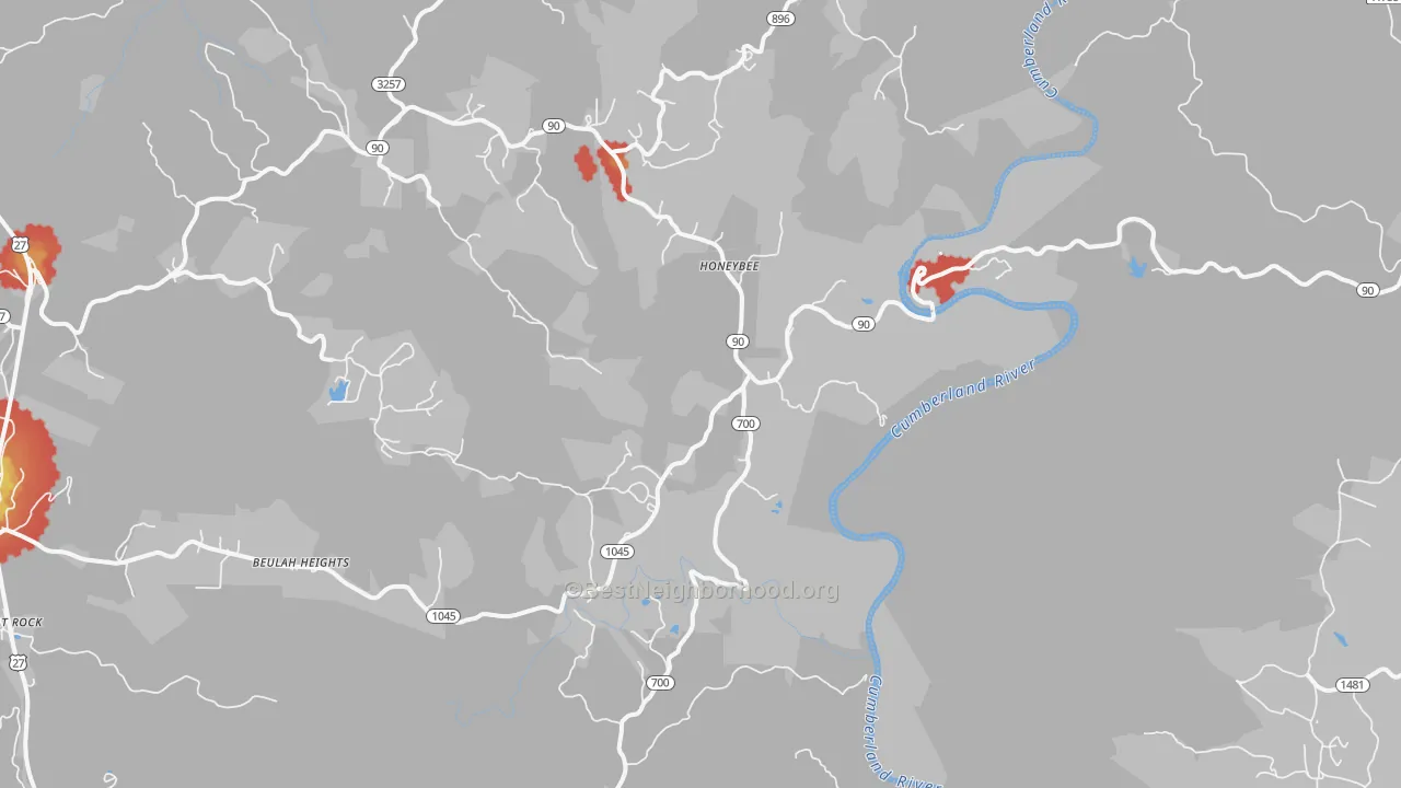 Walk Grade map of Honeybee, KY, walkable areas in green and car-dependent areas in red