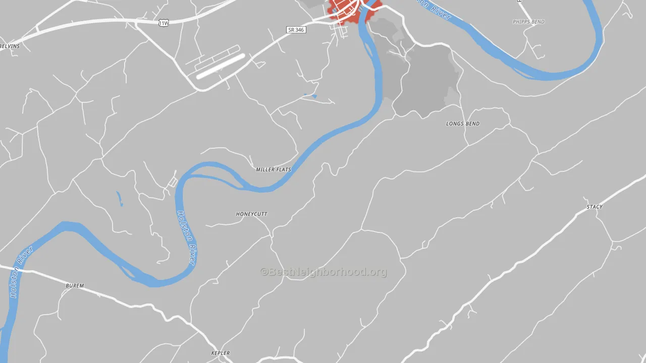 Walk Grade map of Honeycutt, TN, walkable areas in green and car-dependent areas in red