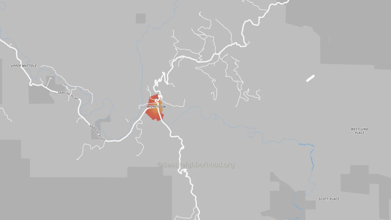 Walk Grade map of Honeydew, CA, walkable areas in green and car-dependent areas in red