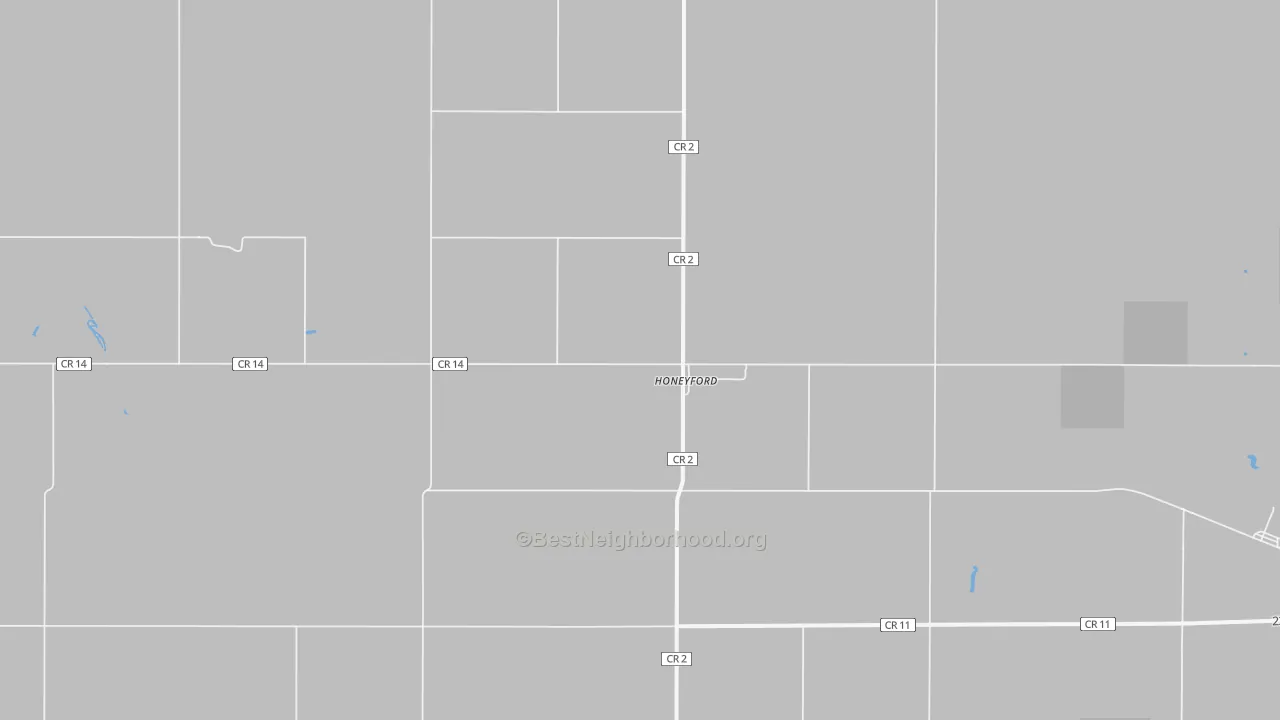 Walk Grade map of Honeyford, ND, walkable areas in green and car-dependent areas in red