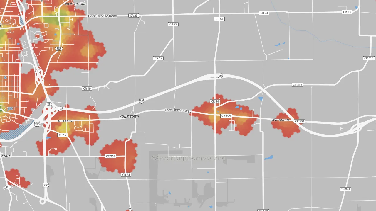 Walk Grade map of Honeytown, OH, walkable areas in green and car-dependent areas in red