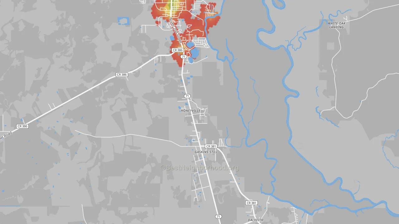 Walk Grade map of Honeyville, FL, walkable areas in green and car-dependent areas in red