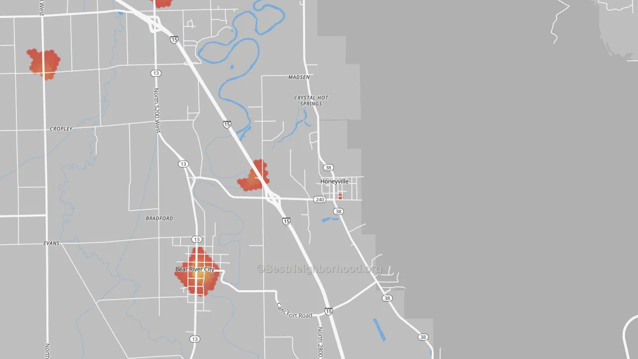 Walk Grade map of Honeyville, UT, walkable areas in green and car-dependent areas in red