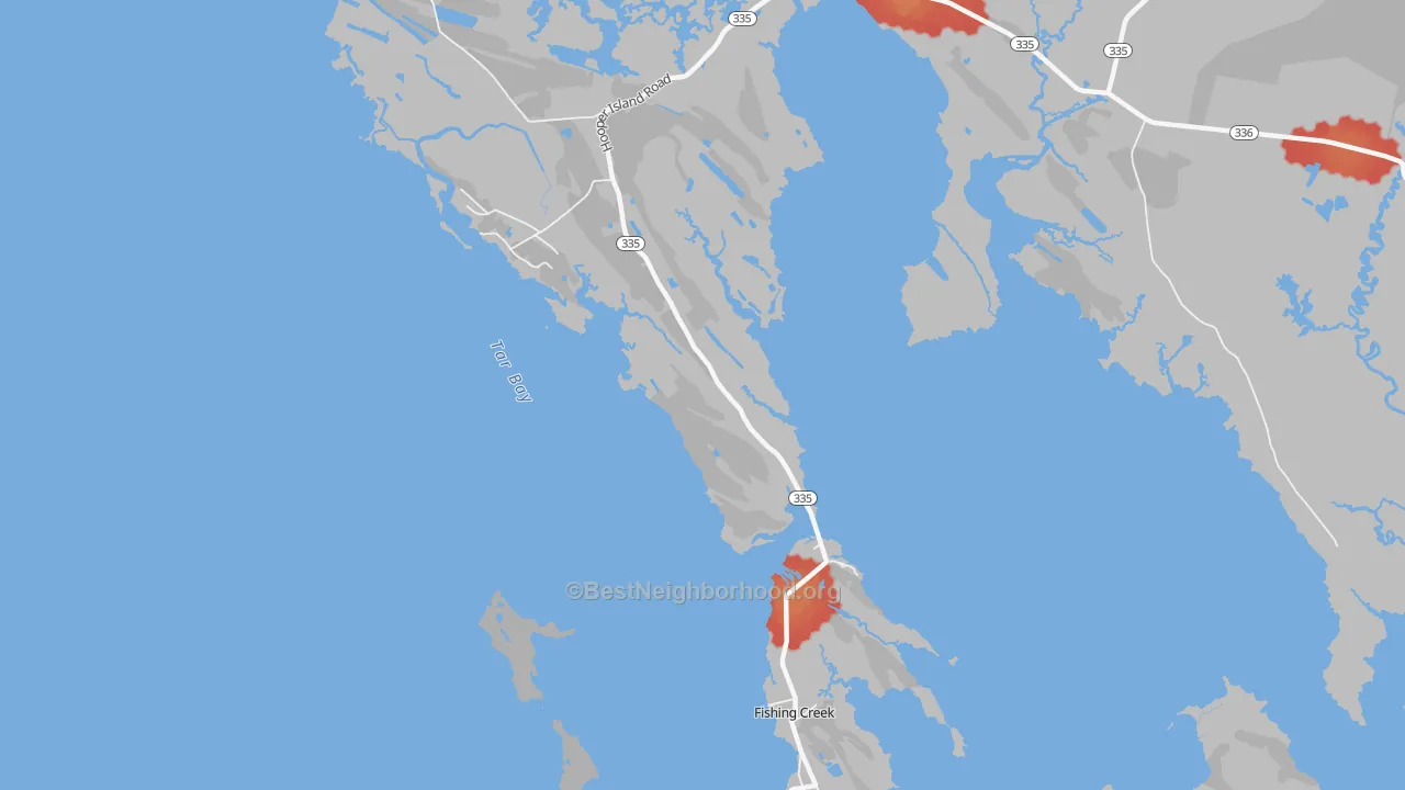 Walk Grade map of Honga, MD, walkable areas in green and car-dependent areas in red