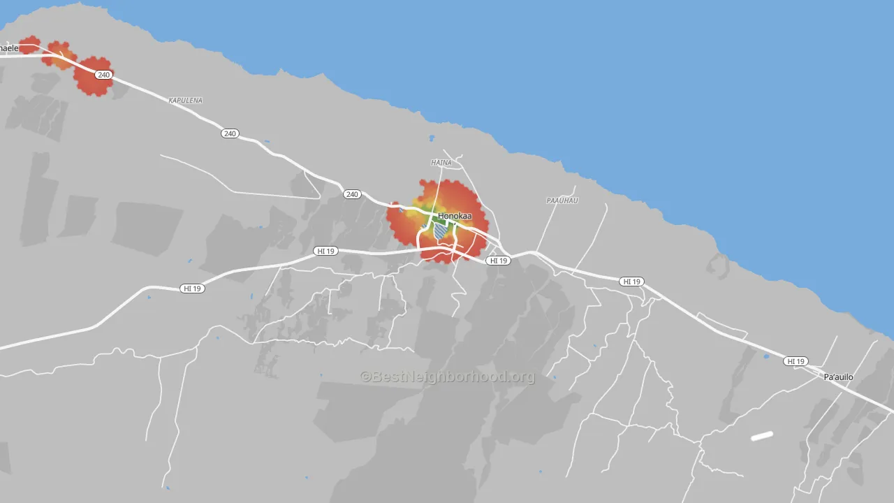 Walk Grade map of Honokaa, HI, walkable areas in green and car-dependent areas in red