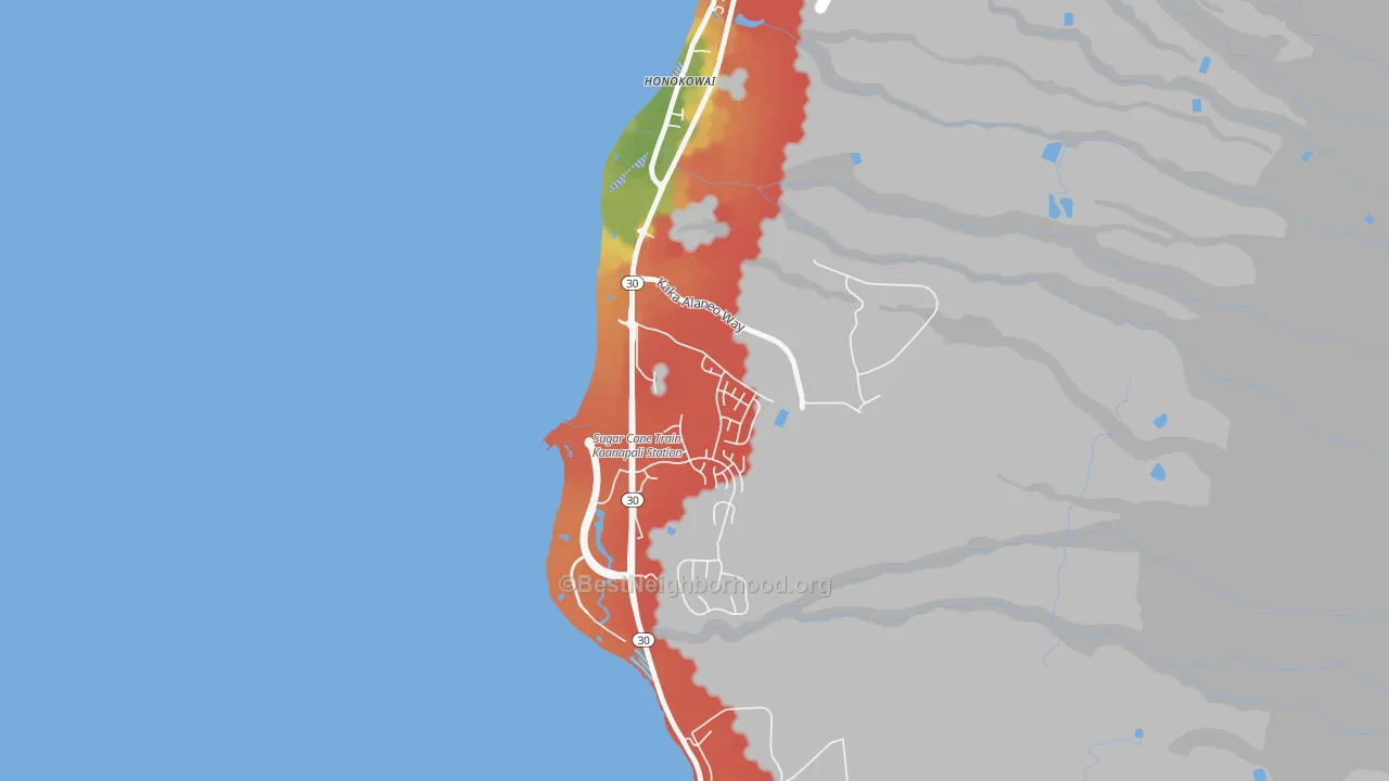 Walk Grade map of Honokowai, HI, walkable areas in green and car-dependent areas in red