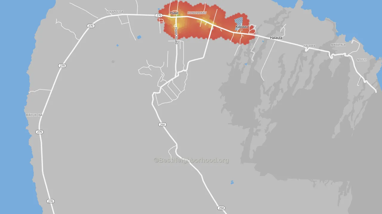 Walk Grade map of Honomakau, HI, walkable areas in green and car-dependent areas in red