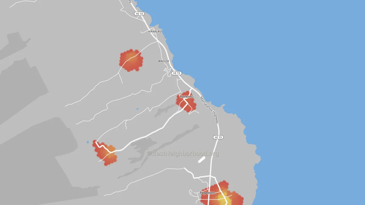 Walk Grade map of Honomu, HI, walkable areas in green and car-dependent areas in red