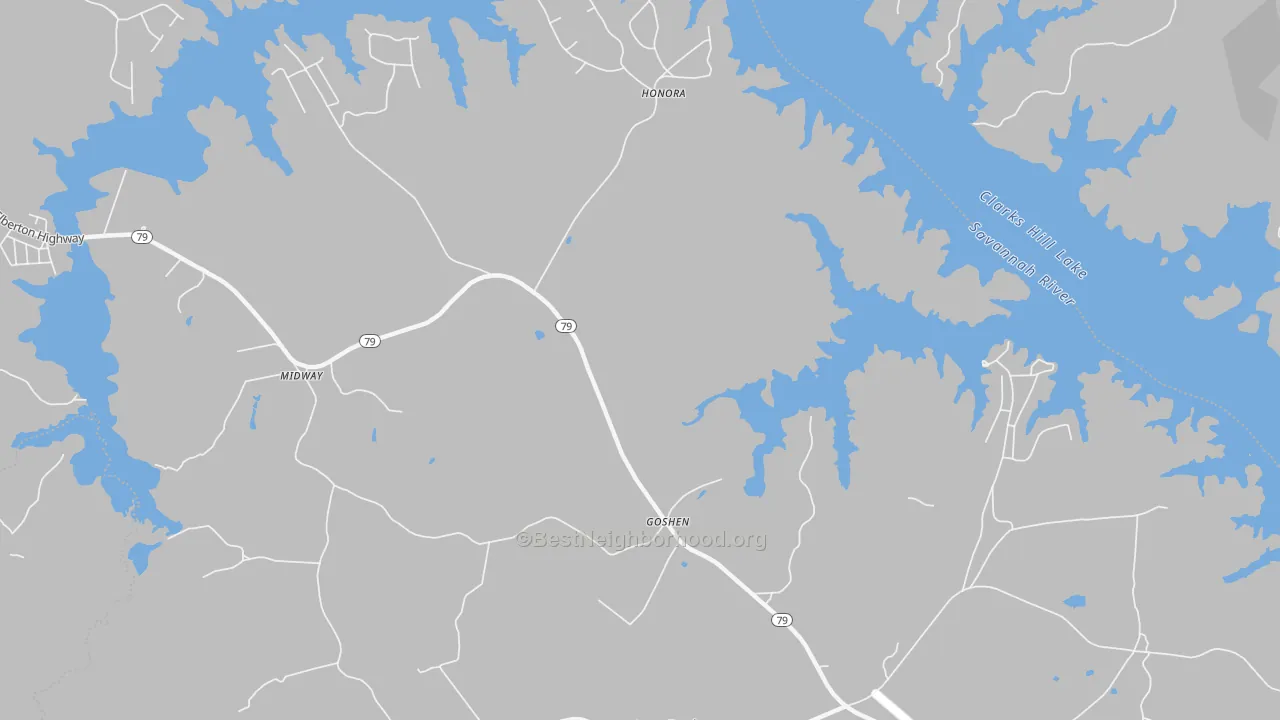 Walk Grade map of Honora, GA, walkable areas in green and car-dependent areas in red