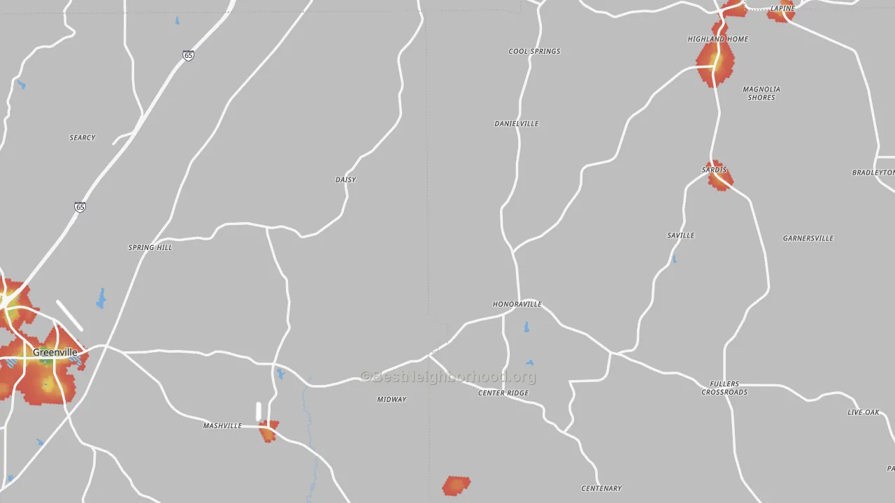 Walk Grade map of Honoraville, AL, walkable areas in green and car-dependent areas in red