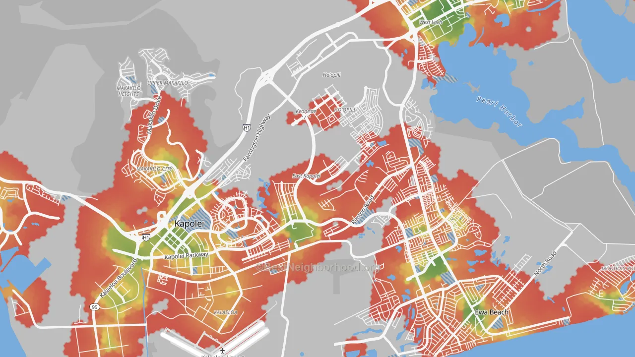 Walk Grade map of Honouliuli, HI, walkable areas in green and car-dependent areas in red