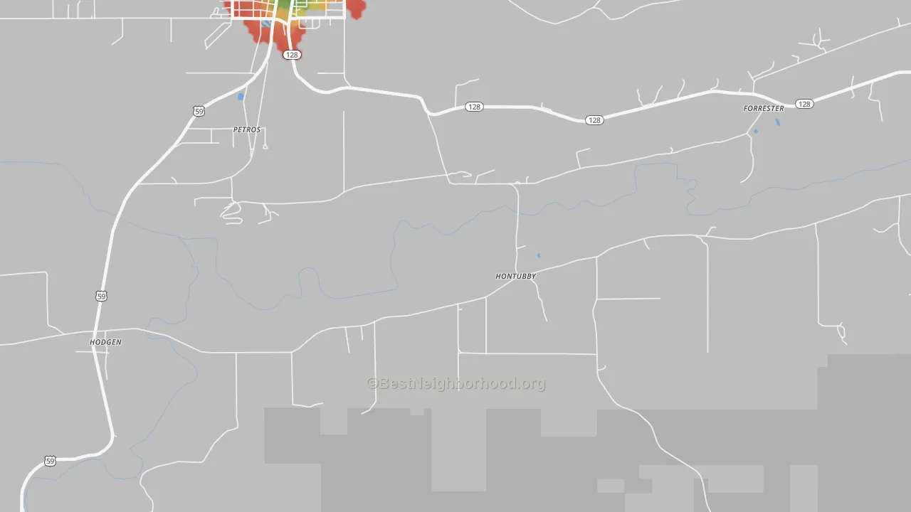 Walk Grade map of Hontubby, OK, walkable areas in green and car-dependent areas in red