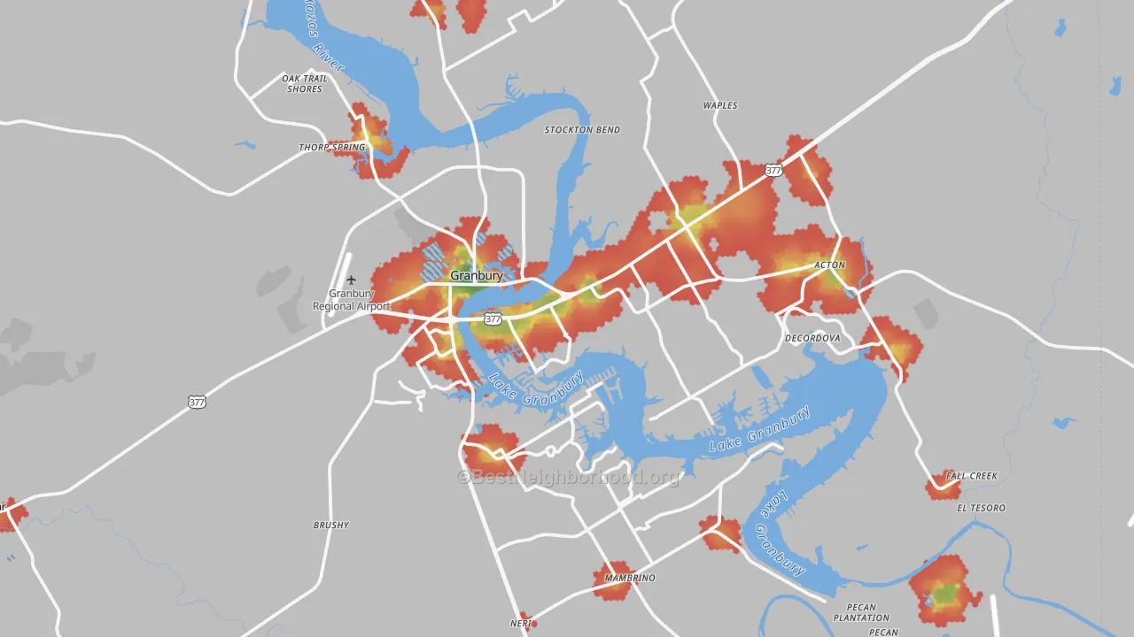 Walk Grade map of Hood County, TX, walkable areas in green and car-dependent areas in red