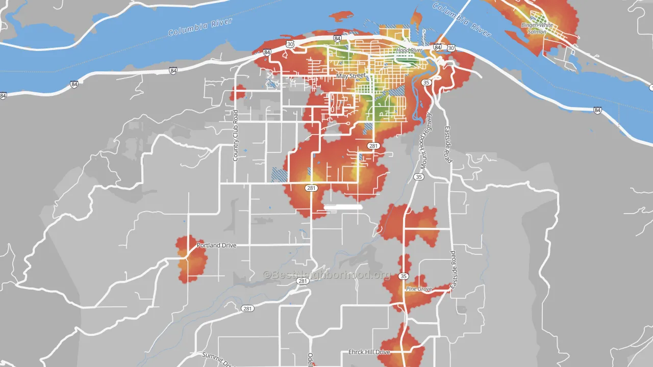 Walk Grade map of Hood River, OR, walkable areas in green and car-dependent areas in red