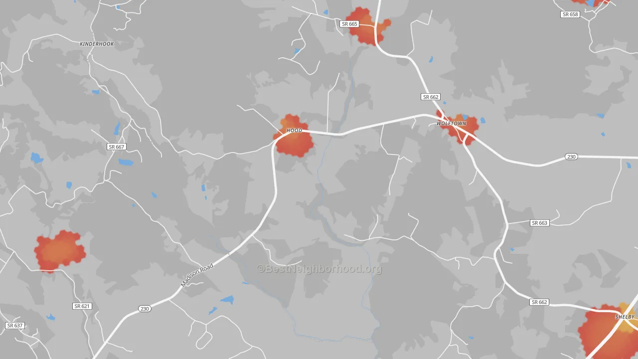 Walk Grade map of Hood, VA, walkable areas in green and car-dependent areas in red