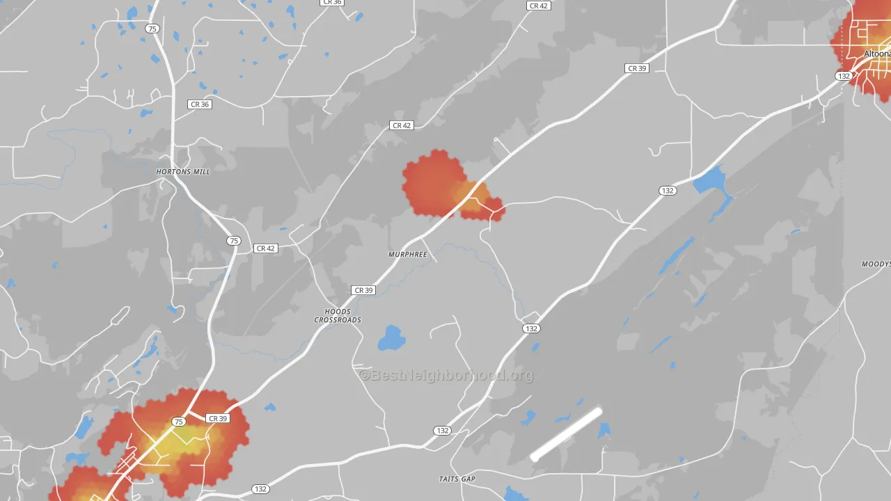 Walk Grade map of Hoods Crossroads, AL, walkable areas in green and car-dependent areas in red