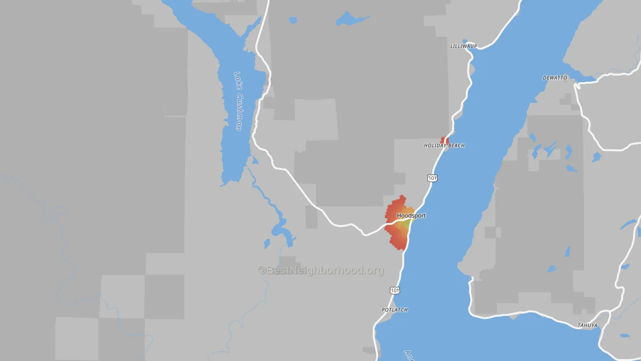 Walk Grade map of Hoodsport, WA, walkable areas in green and car-dependent areas in red