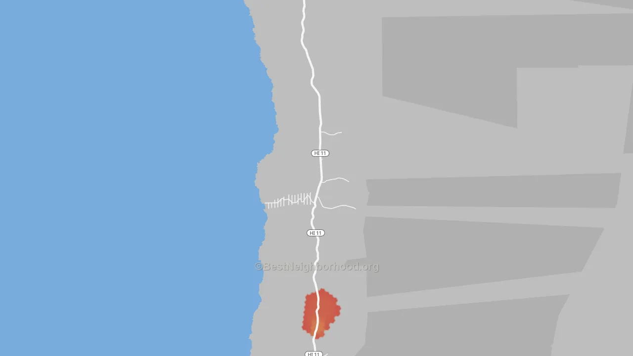 Walk Grade map of Hookena, HI, walkable areas in green and car-dependent areas in red