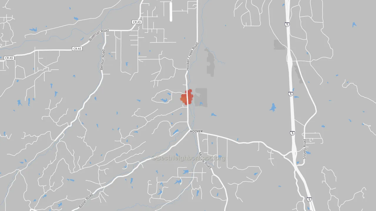 Walk Grade map of Hooker, CA, walkable areas in green and car-dependent areas in red