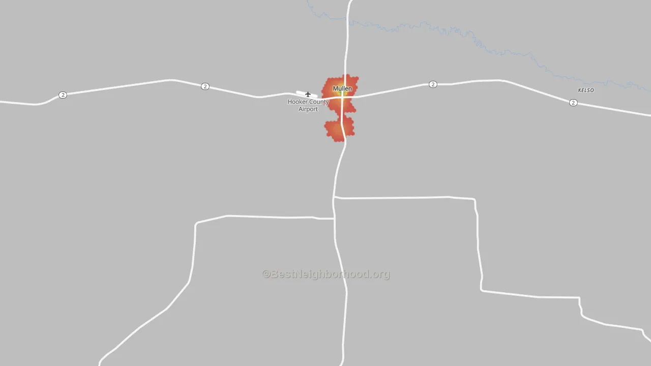 Walk Grade map of Hooker County, NE, walkable areas in green and car-dependent areas in red