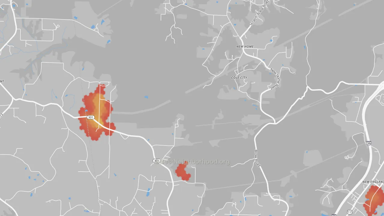 Walk Grade map of Hooker, GA, walkable areas in green and car-dependent areas in red