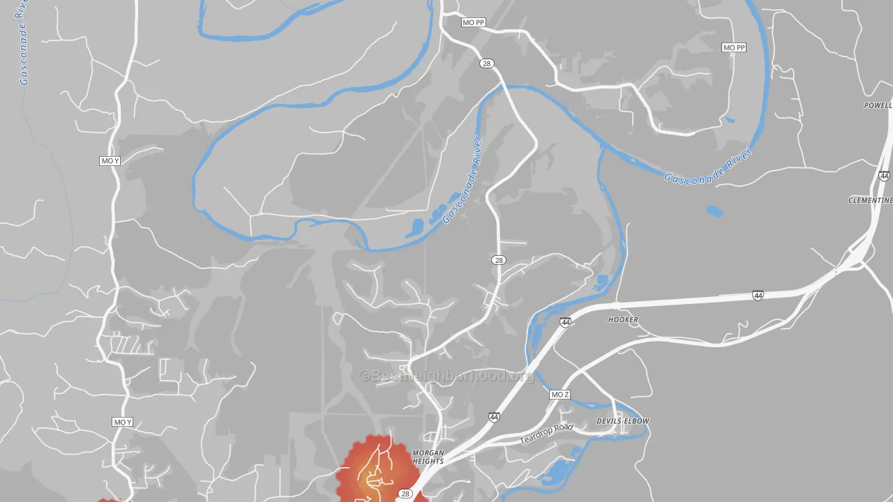 Walk Grade map of Hooker, MO, walkable areas in green and car-dependent areas in red