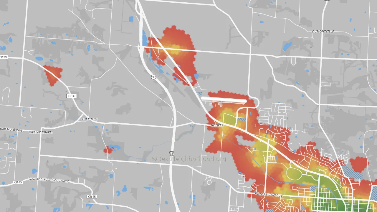Walk Grade map of Hooker, OH, walkable areas in green and car-dependent areas in red