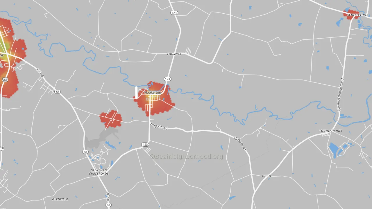 Walk Grade map of Hookerton, NC, walkable areas in green and car-dependent areas in red
