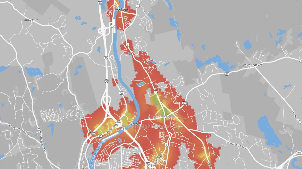 Walk Grade map of Hooksett, NH, walkable areas in green and car-dependent areas in red