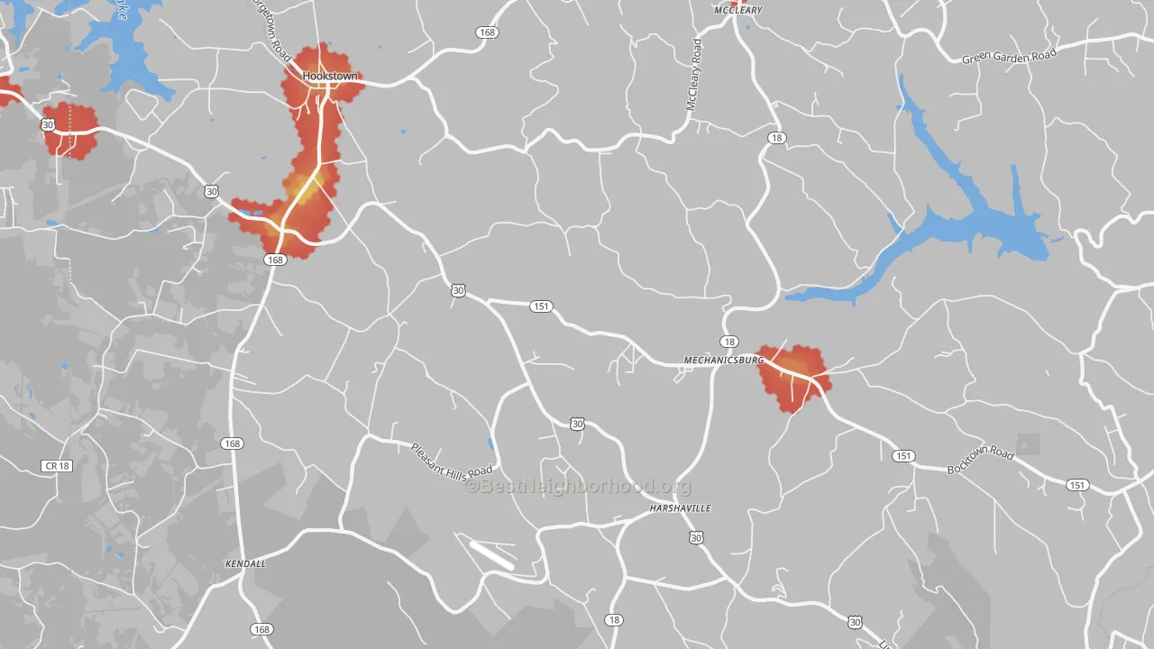 Walk Grade map of Hookstown, PA, walkable areas in green and car-dependent areas in red