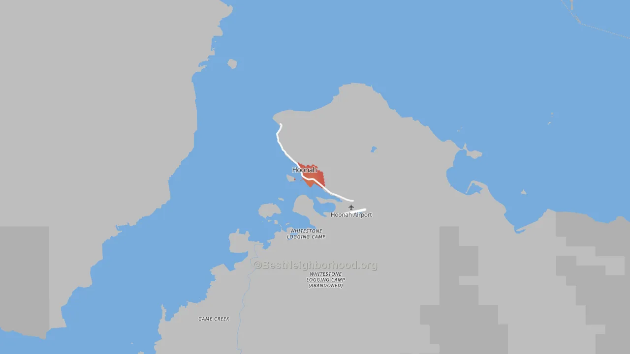 Walk Grade map of Hoonah, AK, walkable areas in green and car-dependent areas in red