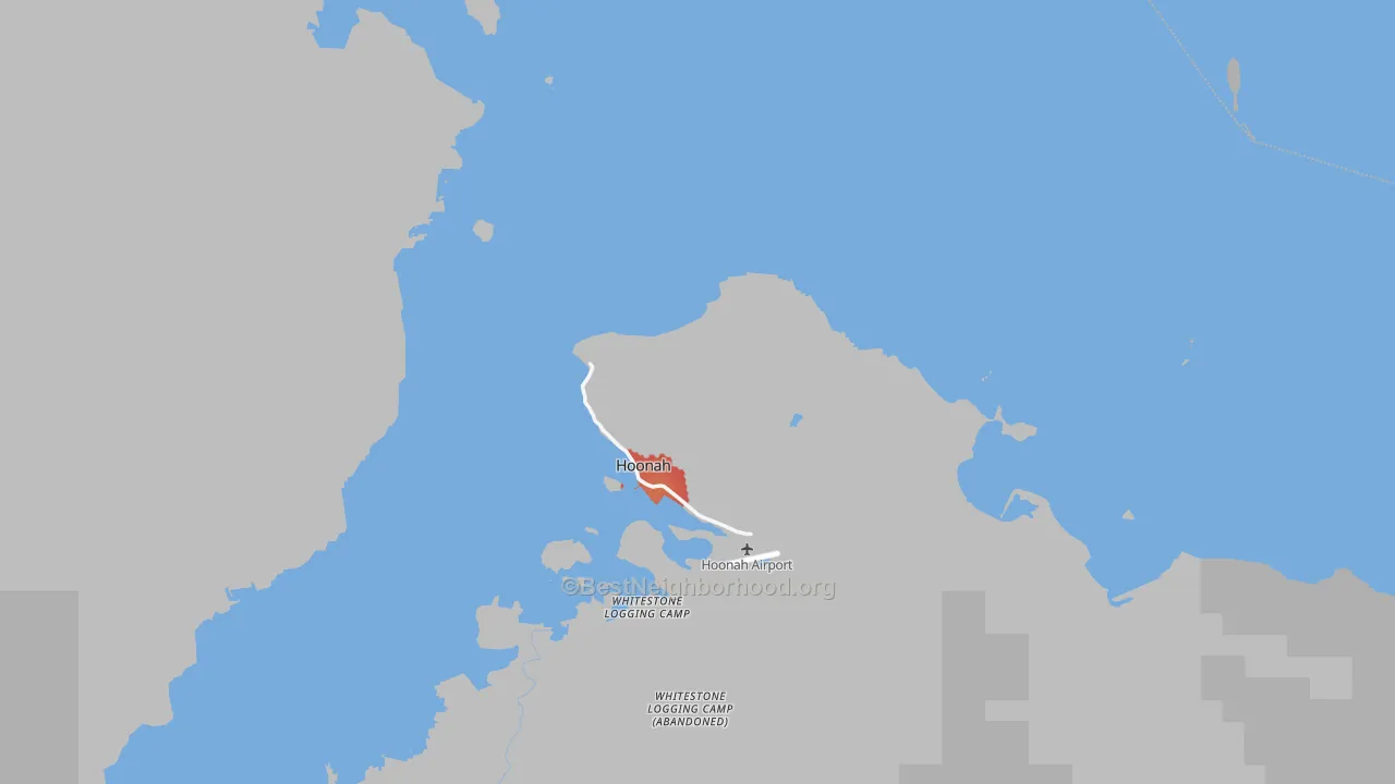 Walk Grade map of Hoonah-Angoon Census Area, AK, walkable areas in green and car-dependent areas in red