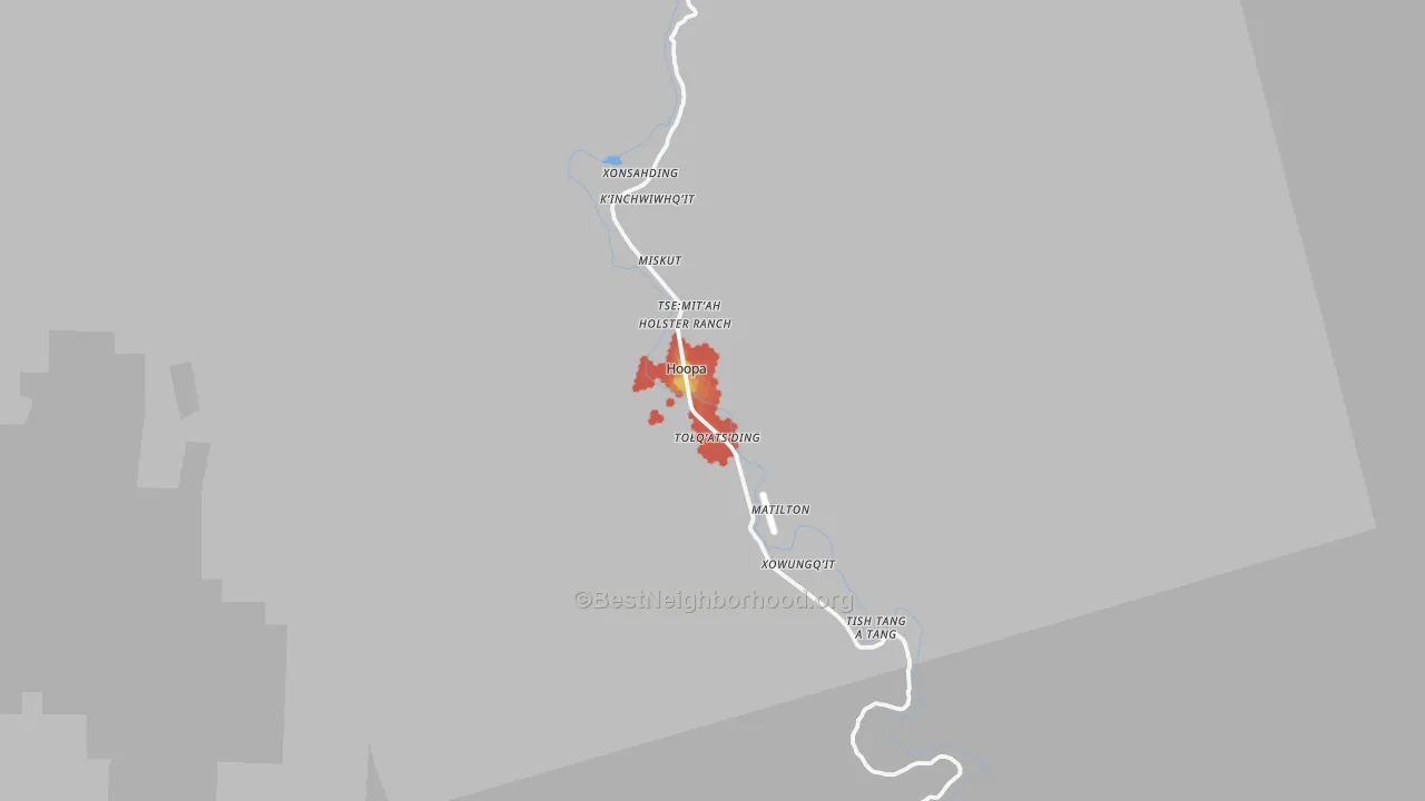 Walk Grade map of Hoopa, CA, walkable areas in green and car-dependent areas in red