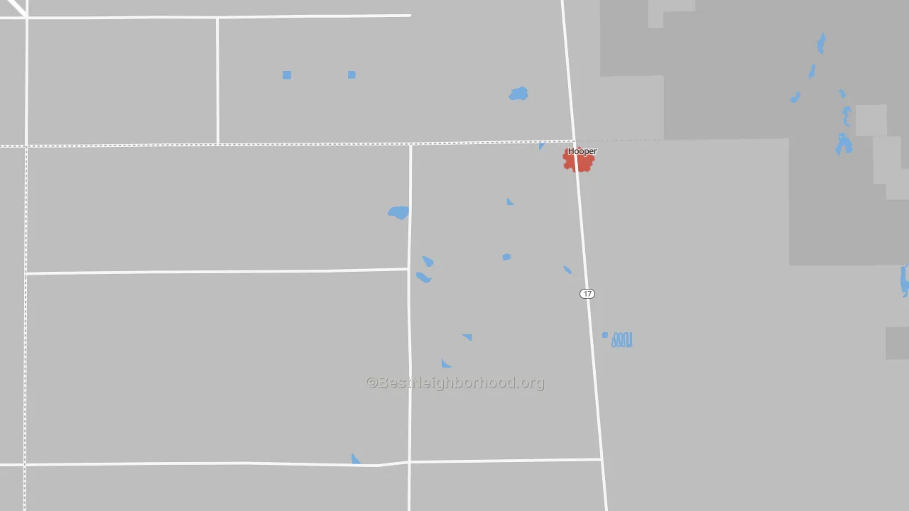 Walk Grade map of Hooper, CO, walkable areas in green and car-dependent areas in red