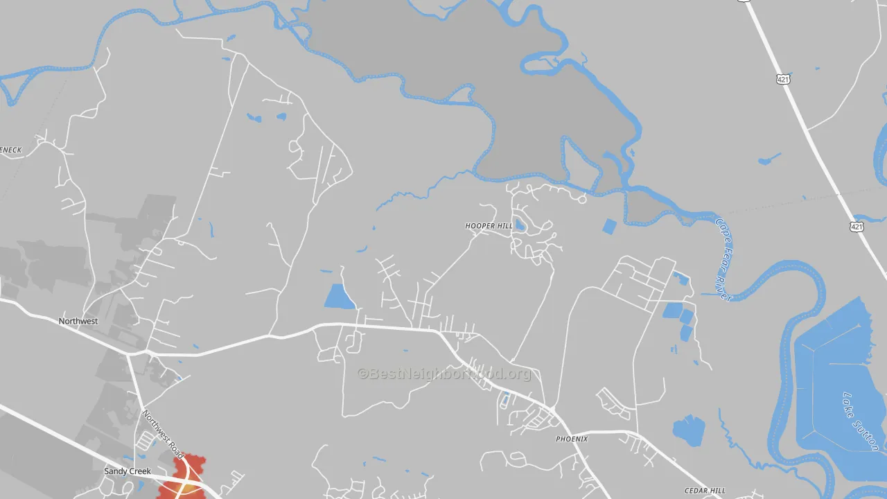 Walk Grade map of Hooper Hill, NC, walkable areas in green and car-dependent areas in red